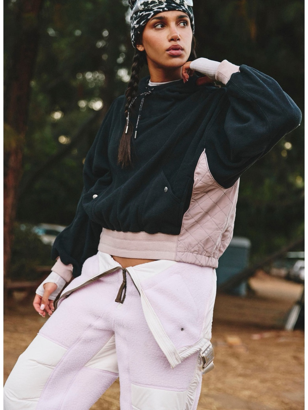 FP Movement by Free People Black Cropped Hoodie with Taupe Hem